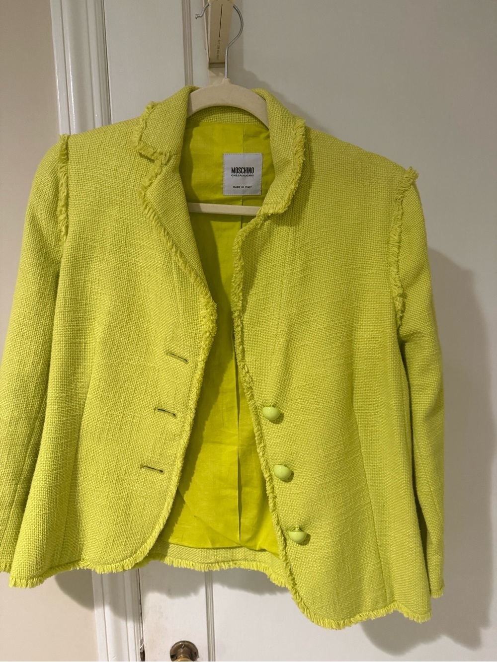 Moschino Lime Green Tweed Frayed-Edge Jacket